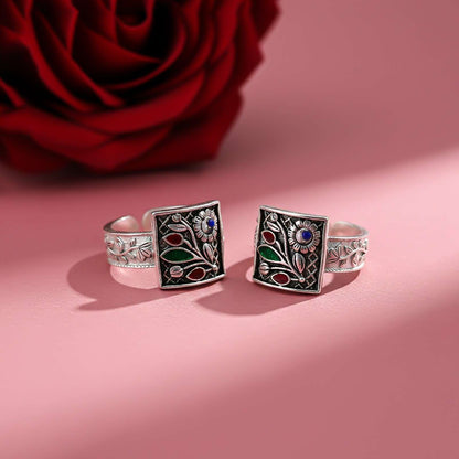 Silver Flowers Design Toe Rings For Womens