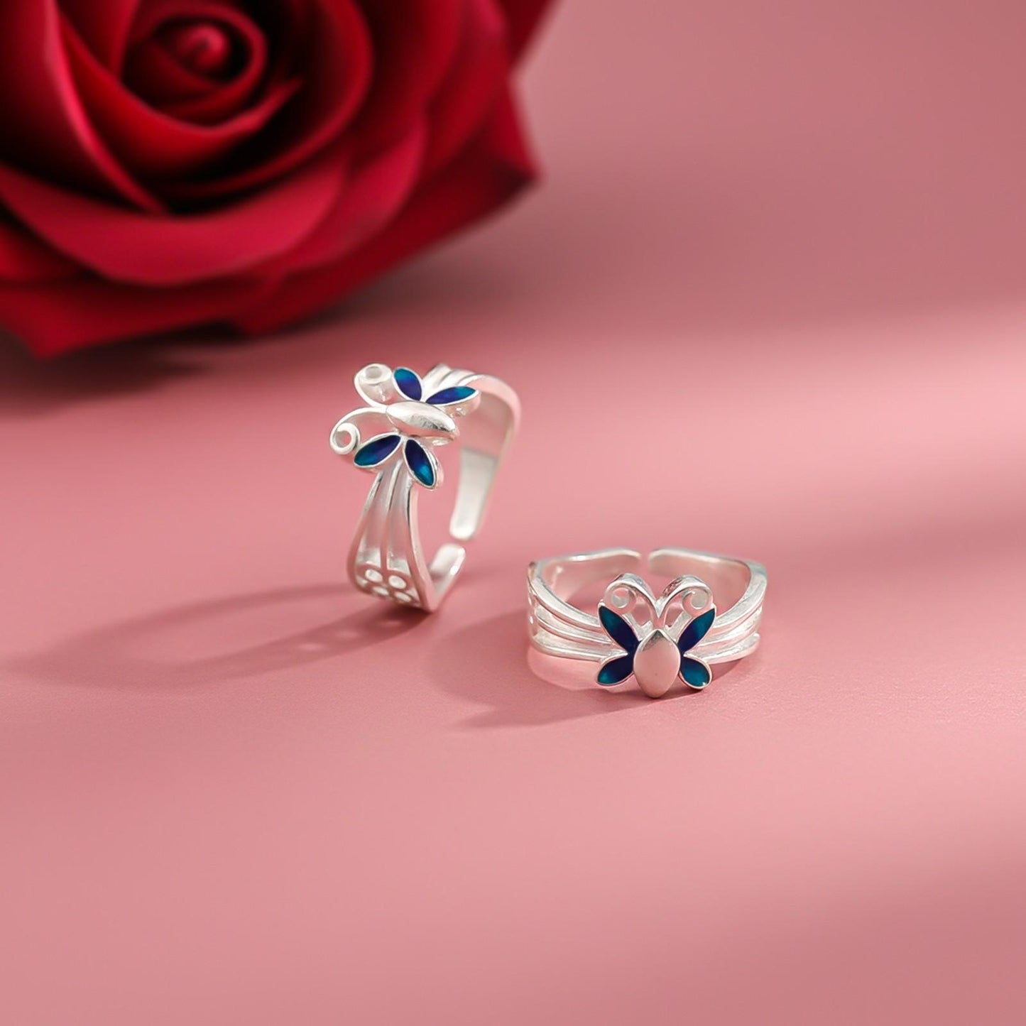 Blue Silver Butterfly Toe Rings