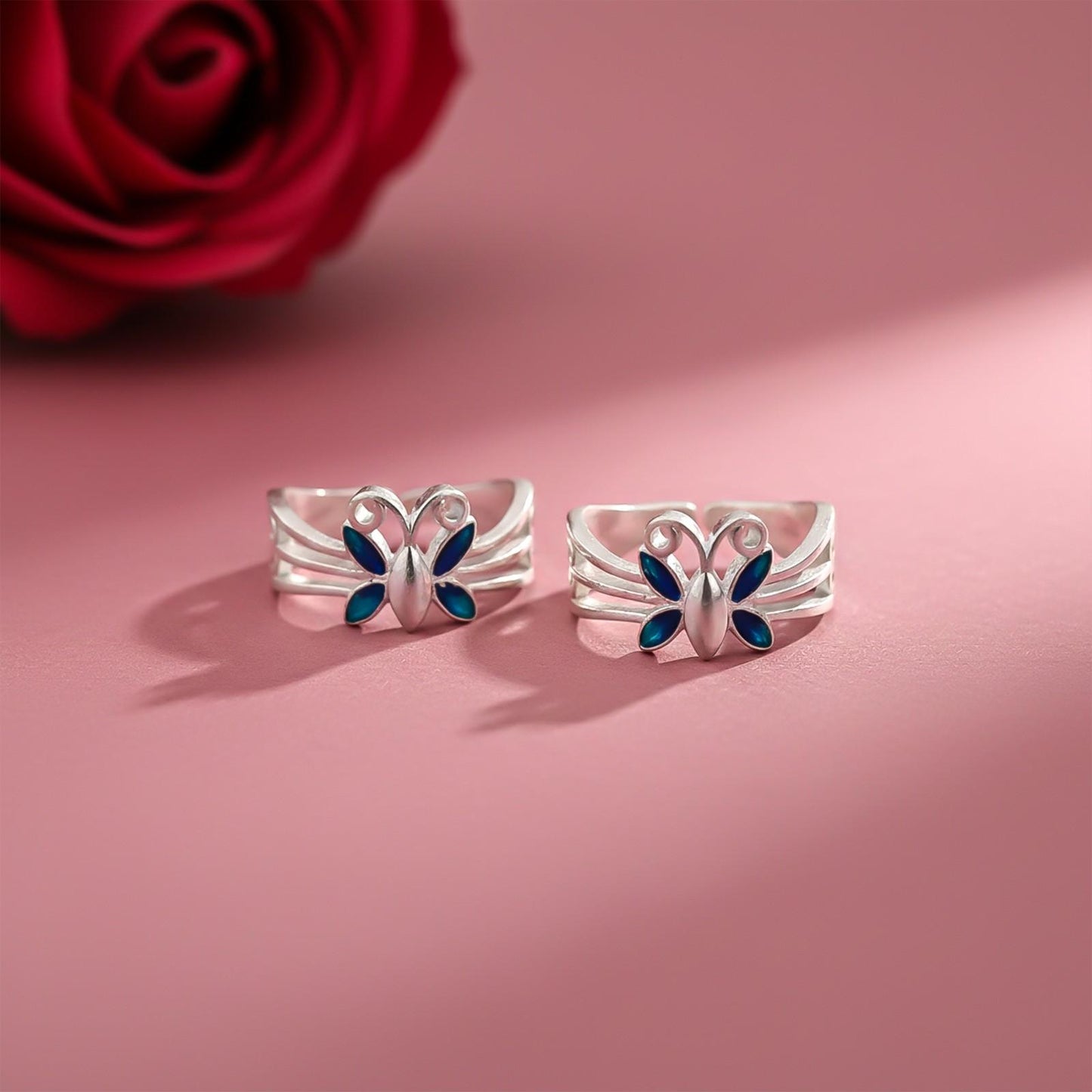 Blue Silver Butterfly Toe Rings