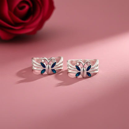 Blue Silver Butterfly Toe Rings