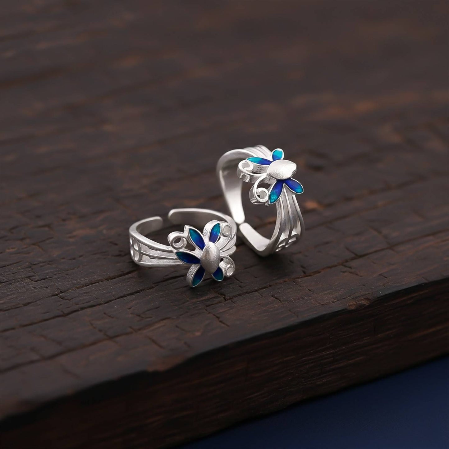 Blue Silver Butterfly Toe Rings