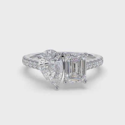 2.10Ctw Emerald & Pear Moissanite Dual Stone Accent Ring