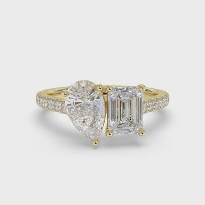 2.10Ctw Emerald & Pear Moissanite Dual Stone Accent Ring