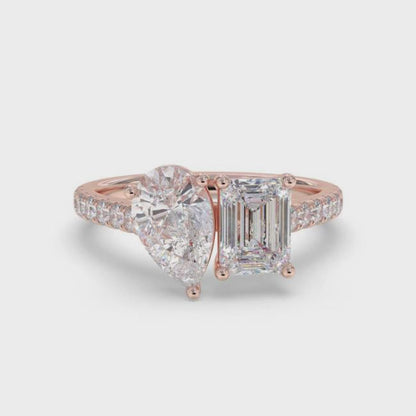 2.10Ctw Emerald & Pear Moissanite Dual Stone Accent Ring